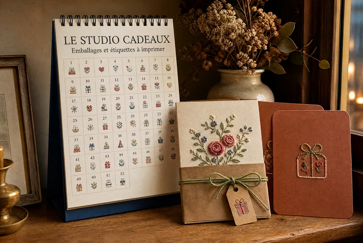Le Studio Cadeaux — une pièce terminée emballée en cadeau avec étiquette et cartes