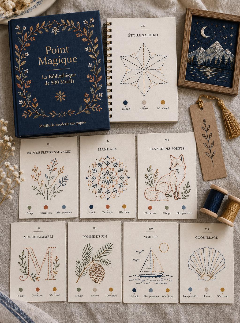 Tout ce qui est inclus dans Point Magique — la bibliothèque de 500 Modèles, les cartes de points, les guides et le cahier, des pièces encadrées, des marque-pages à pompon, du fil et des ciseaux