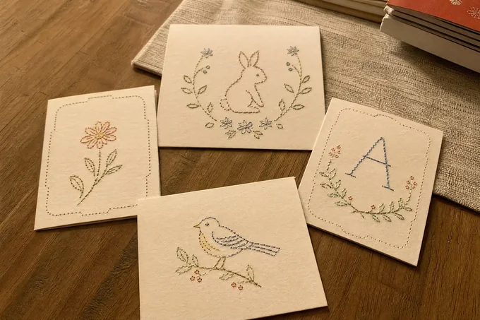 Plusieurs petites broderies sur papier terminées, offertes en cadeaux