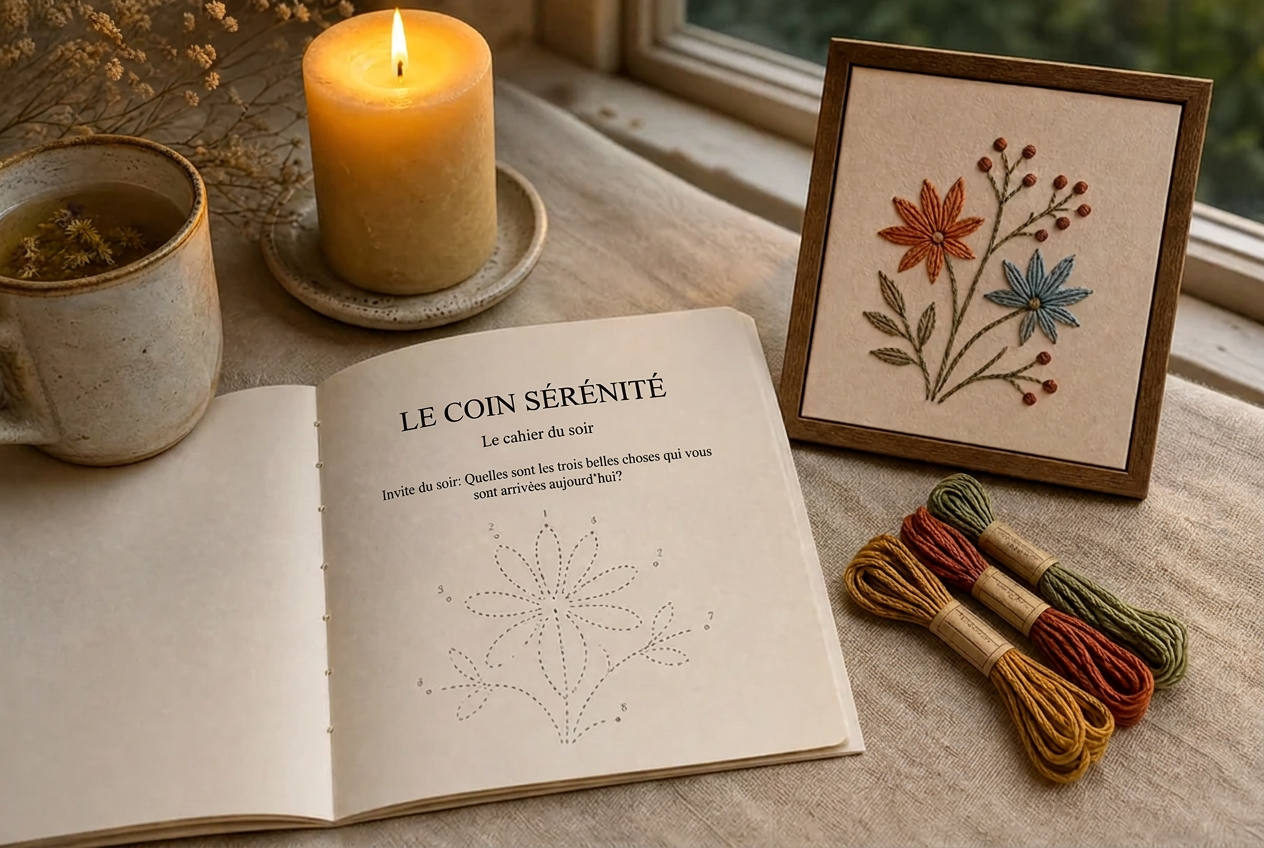 Le Coin Sérénité — cahier du soir ouvert près d'une fenêtre avec bougie, thé et tambour