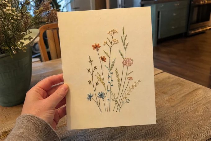 Une carte brodée de fleurs sauvages terminée, tenue en main