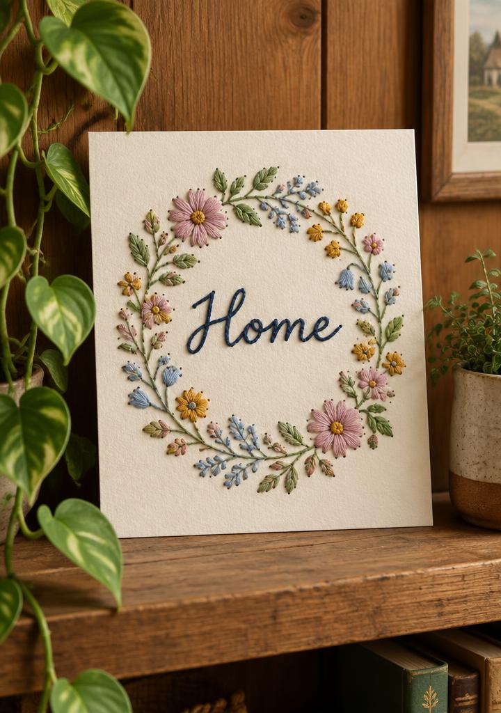 Couronne florale et le mot Home brodés sur papier