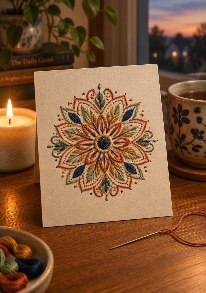 Mandala brodé sur papier, fil terracotta, sauge et moutarde